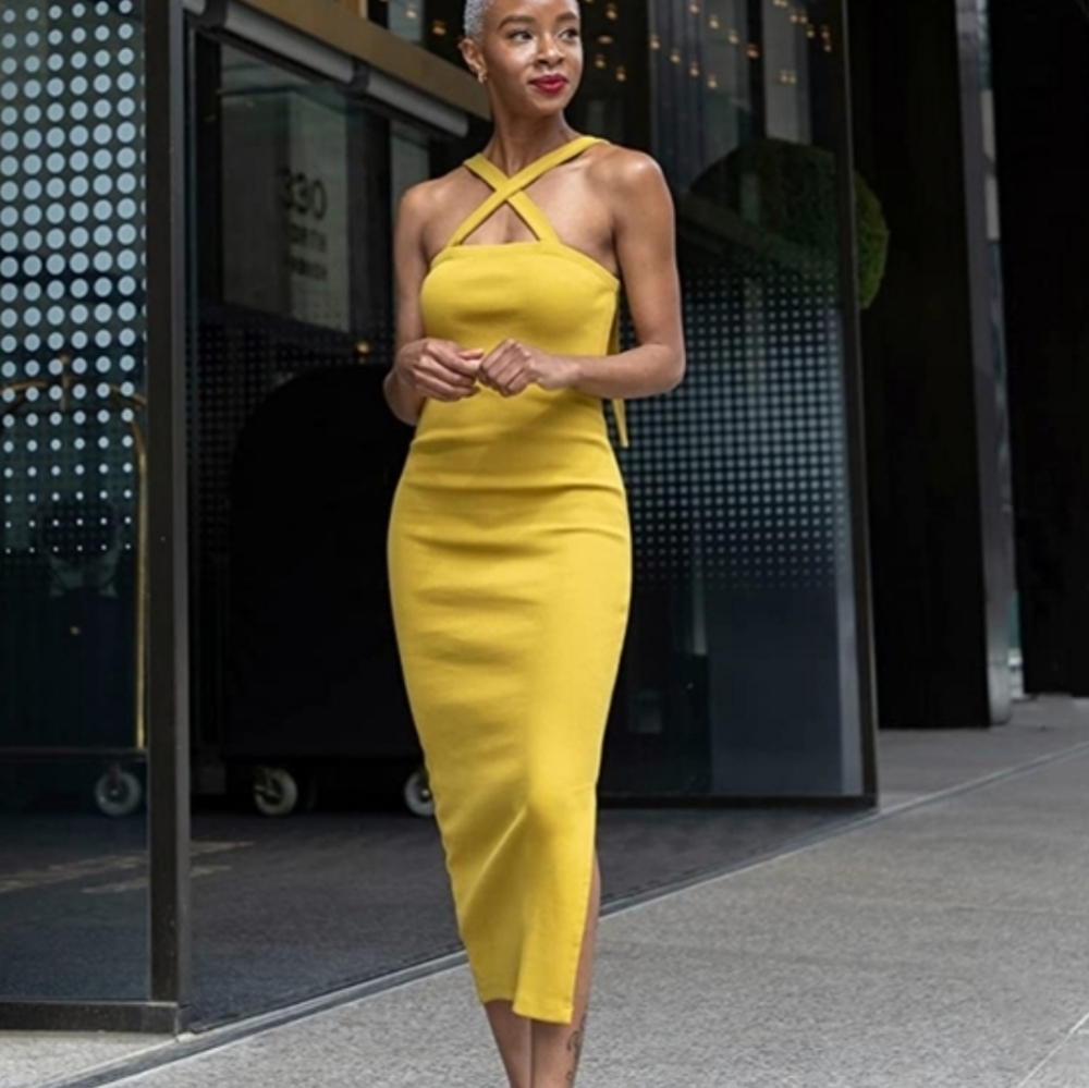The Drop @SignedBlake Strappy Rib Midi Dress in yellow Size Small